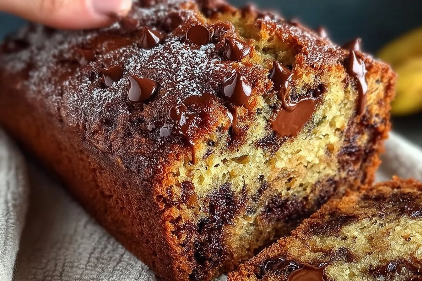 Delicious chocolate chip banana bread loaf on a wooden table