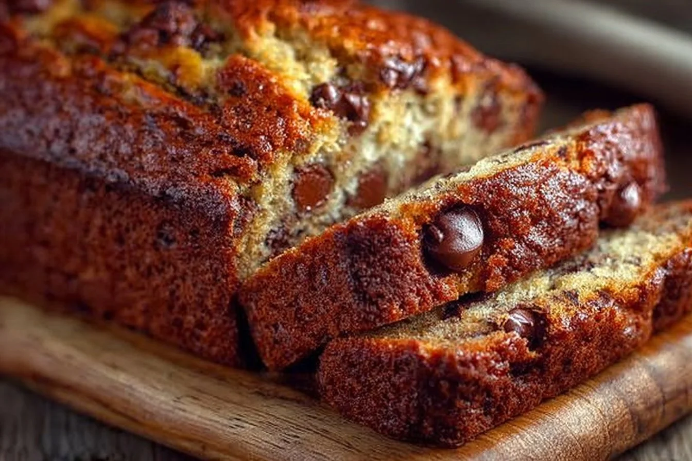Slice of chocolate chip banana bread on a wooden table