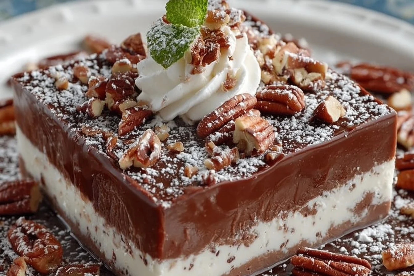 Decadent Chocolate Pecan Delight dessert with chocolate ganache and pecans