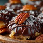 Homemade chocolate pecan turtle clusters with caramel and pecans
