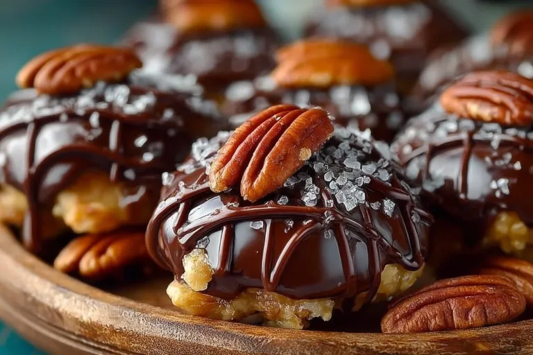 Homemade chocolate pecan turtle clusters with caramel and pecans
