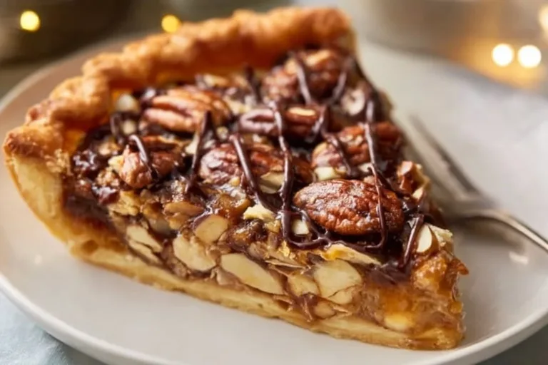 Delicious Chocolate Turtle Pie topped with caramel and pecans