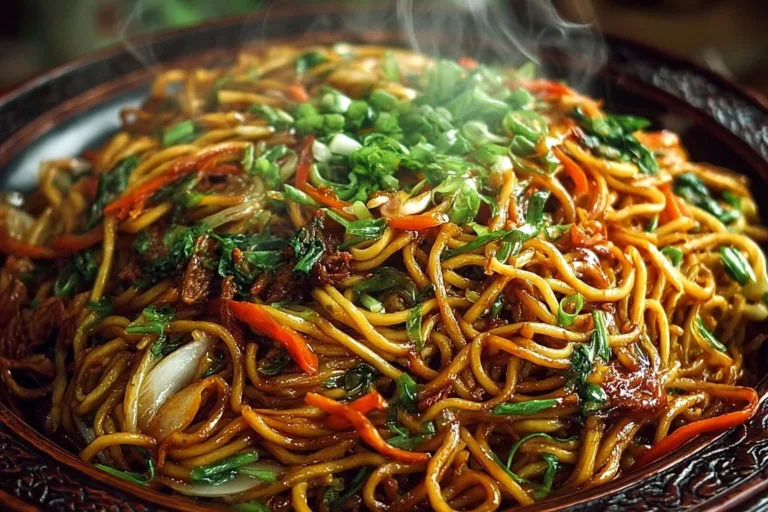 Plate of Chow Mein topped with authentic Chow Mein sauce and fresh vegetables