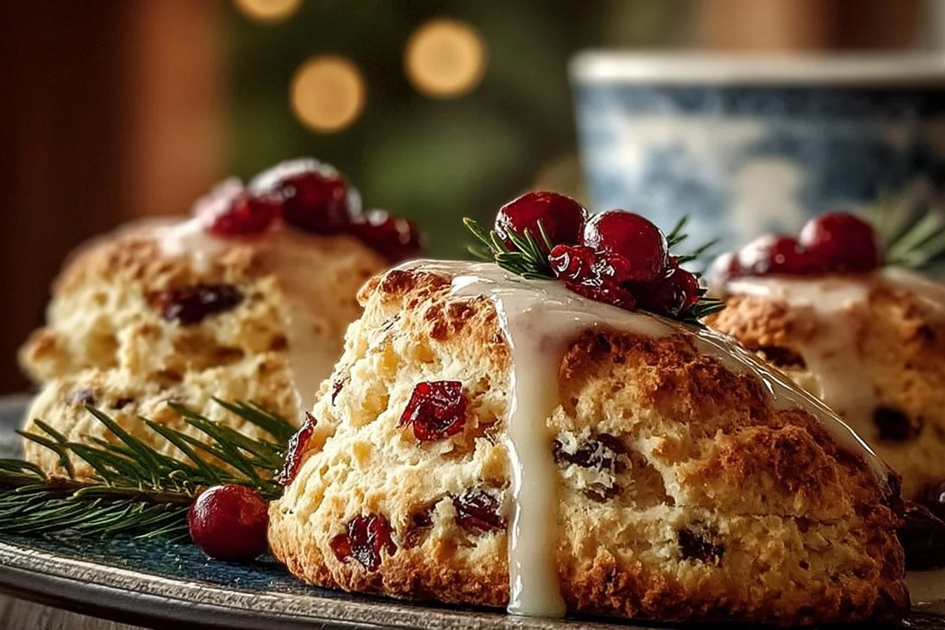 Freshly baked Christmas morning scones with festive decorations.