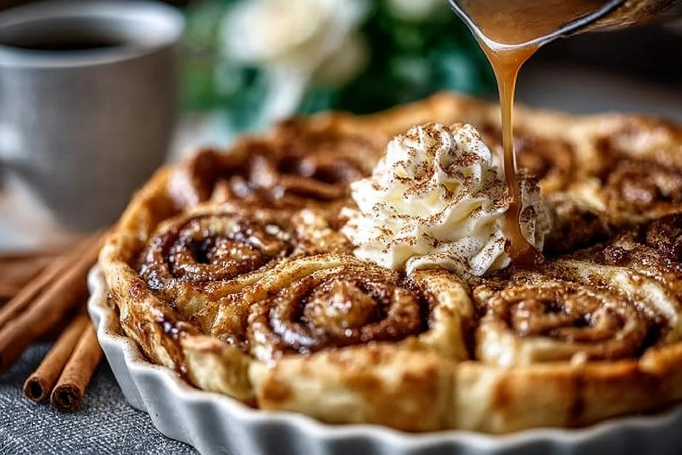 A delicious cinnamon roll apple pie topped with icing and cinnamon