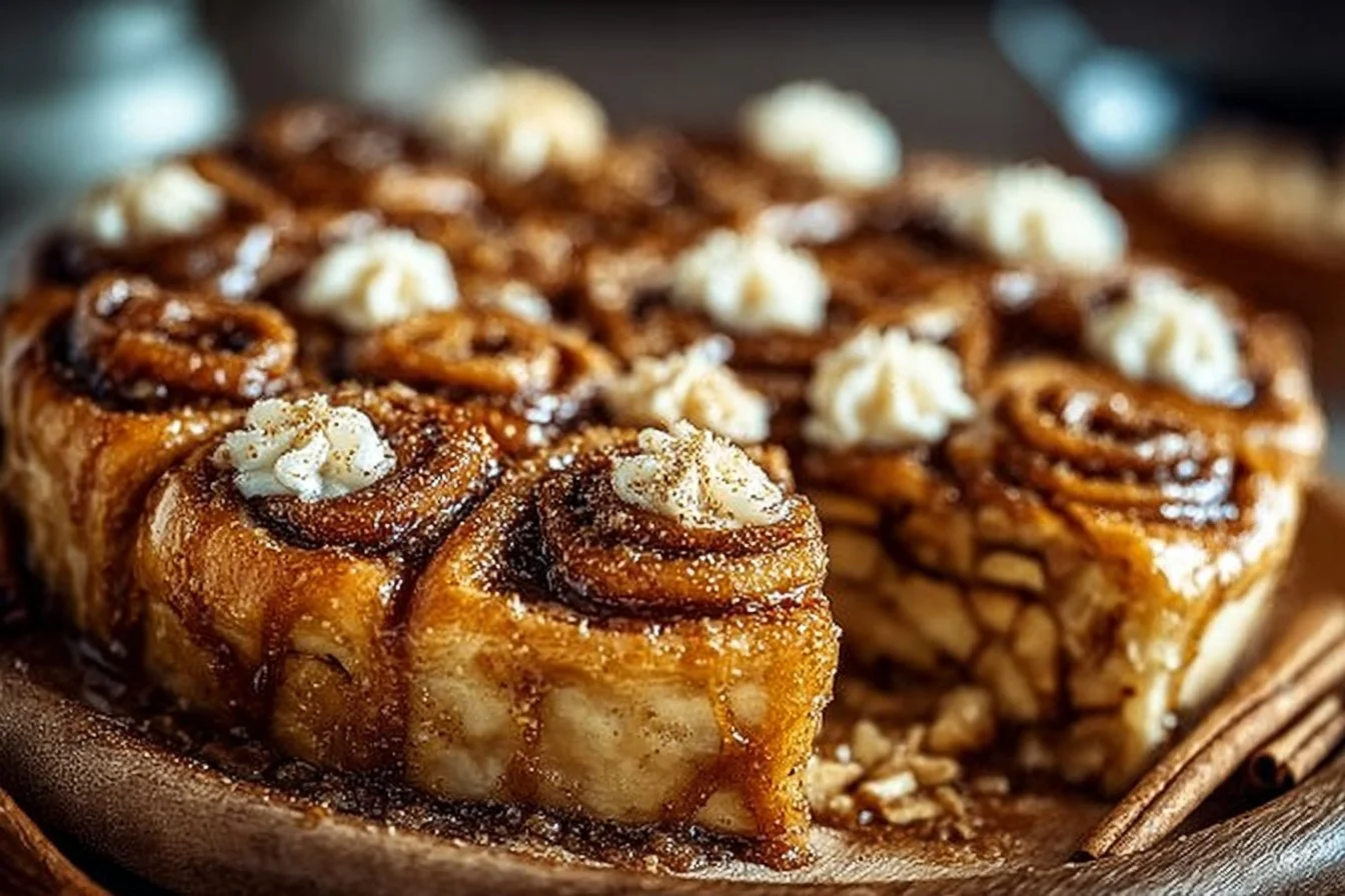 Freshly baked cinnamon roll apple pie with a golden crust and cinnamon swirl.