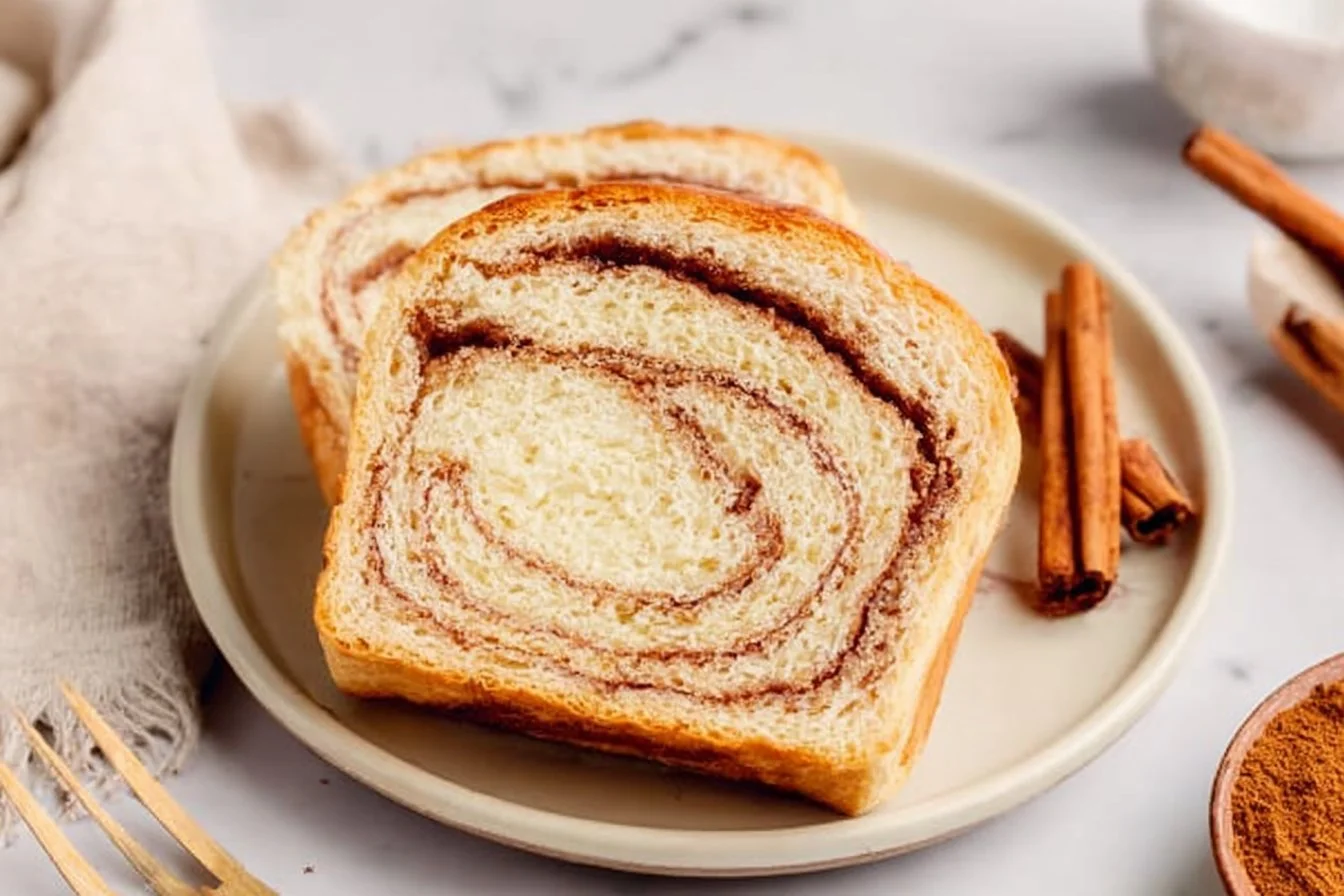 Loaf of freshly baked Cinnamon Swirl Bread with a golden crust and swirls of cinnamon sugar.
