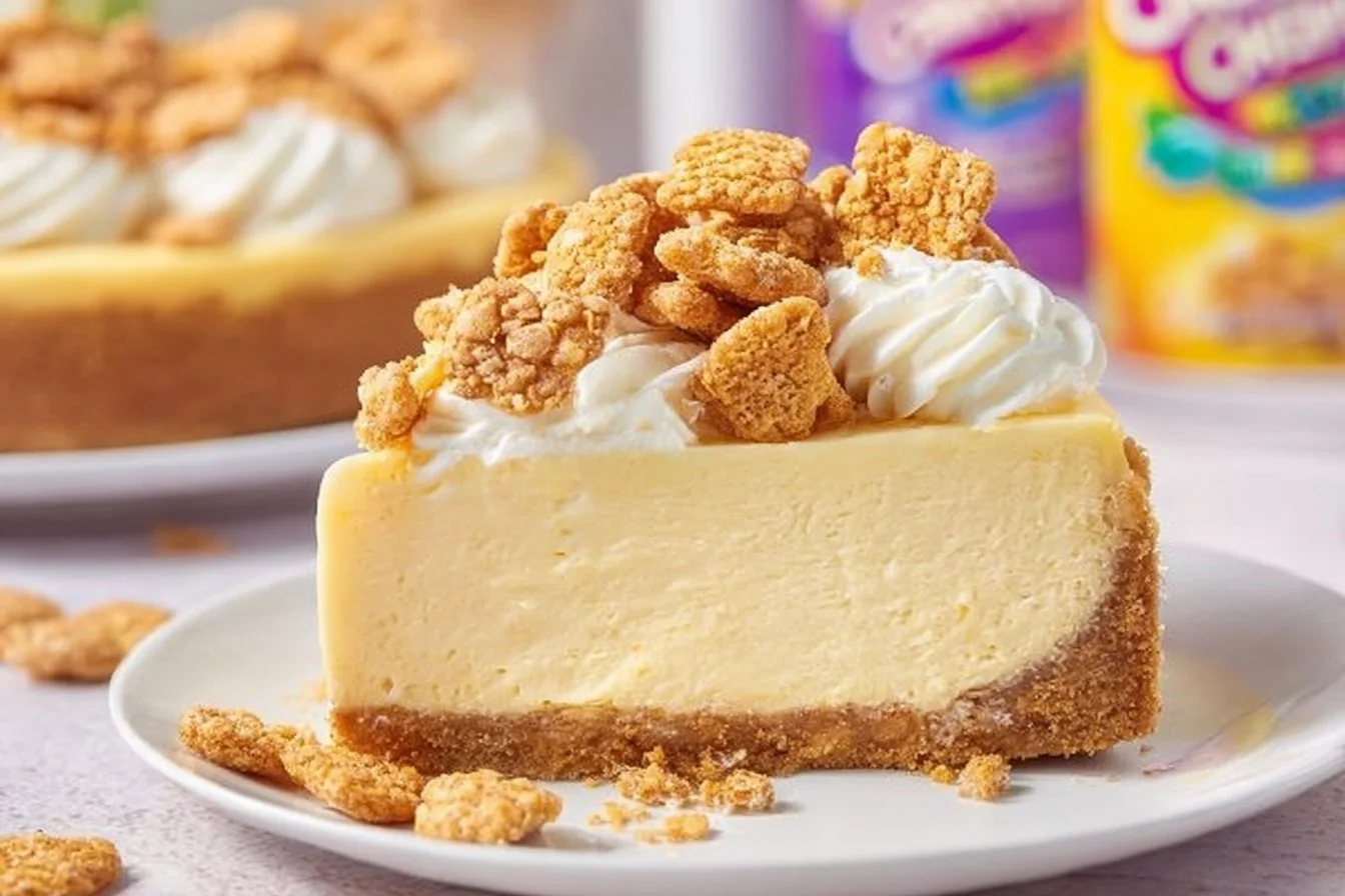 Delicious Cinnamon Toast Crunch Cheesecake topped with cinnamon flakes