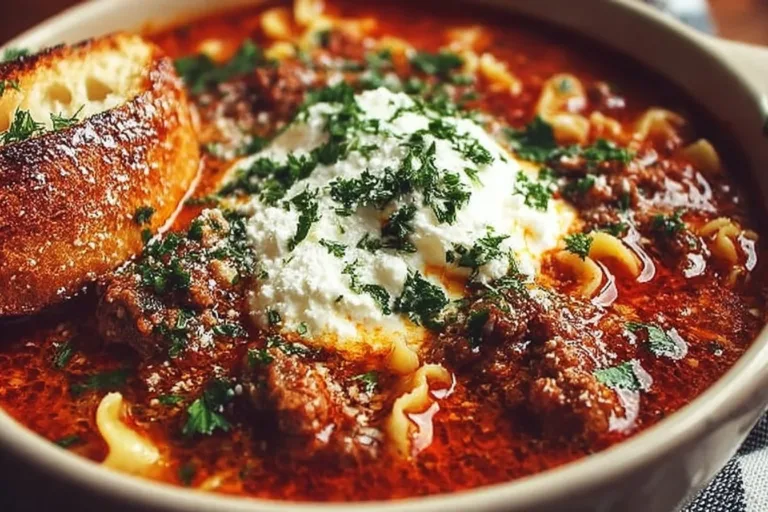 Bowl of classic lasagna soup topped with cheese and herbs