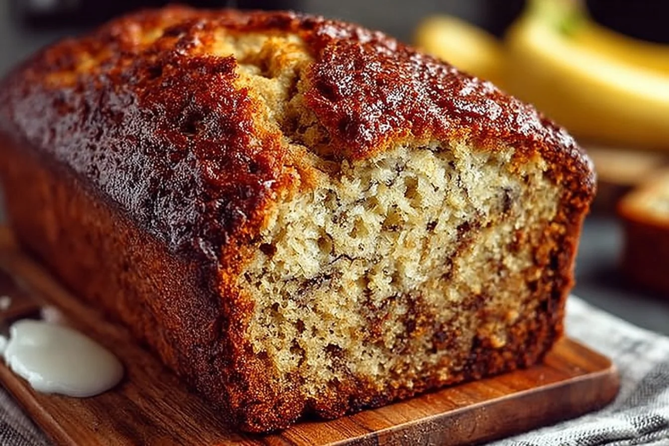 Loaf of classic moist banana bread on a wooden cutting board