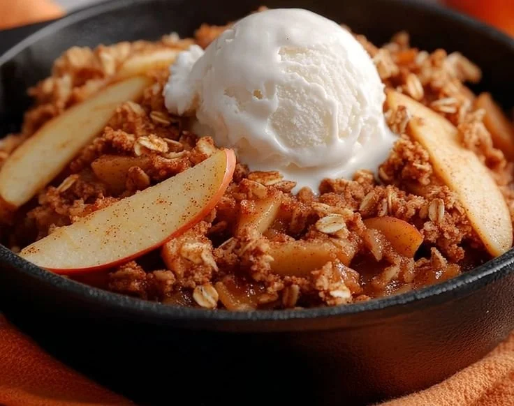 Delicious Classic Smoked Apple Crisp dessert topped with crunchy oats