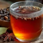 A cup of clove tea with cloves and cinnamon on a wooden table.