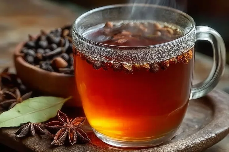 A cup of clove tea with cloves and cinnamon on a wooden table.
