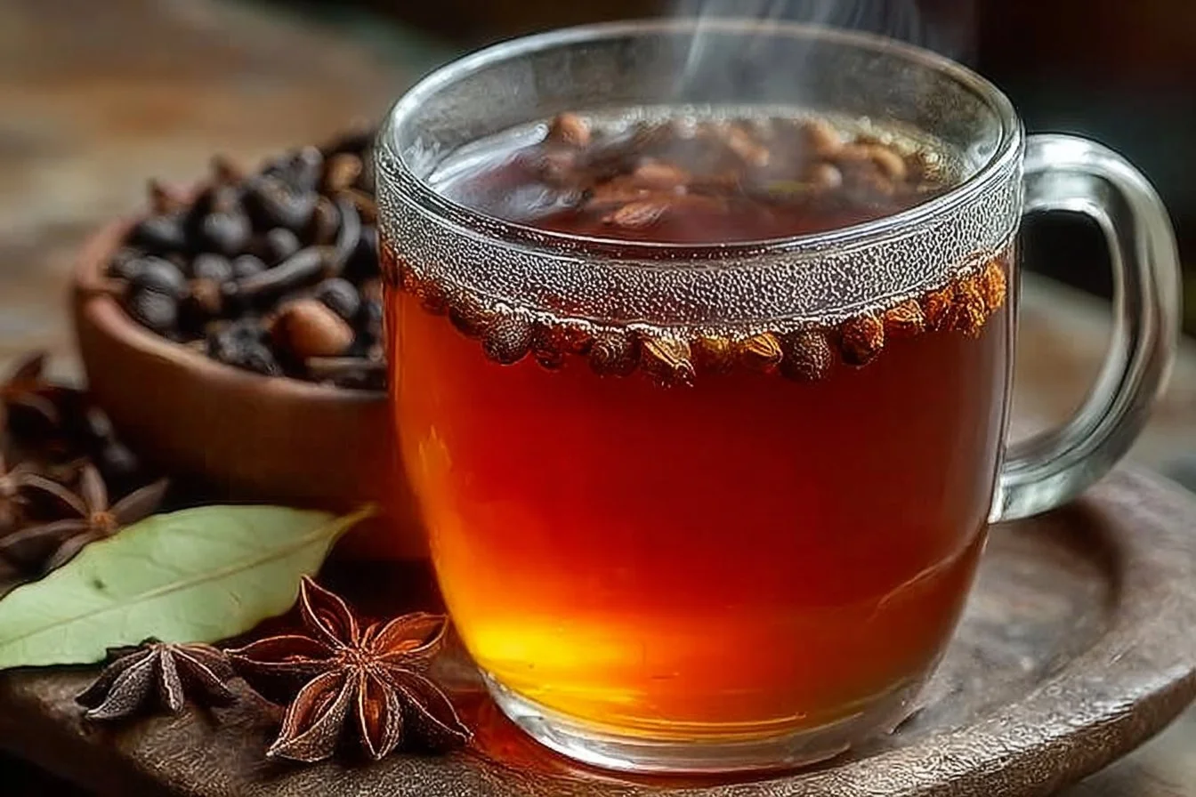 A cup of clove tea with cloves and cinnamon on a wooden table.