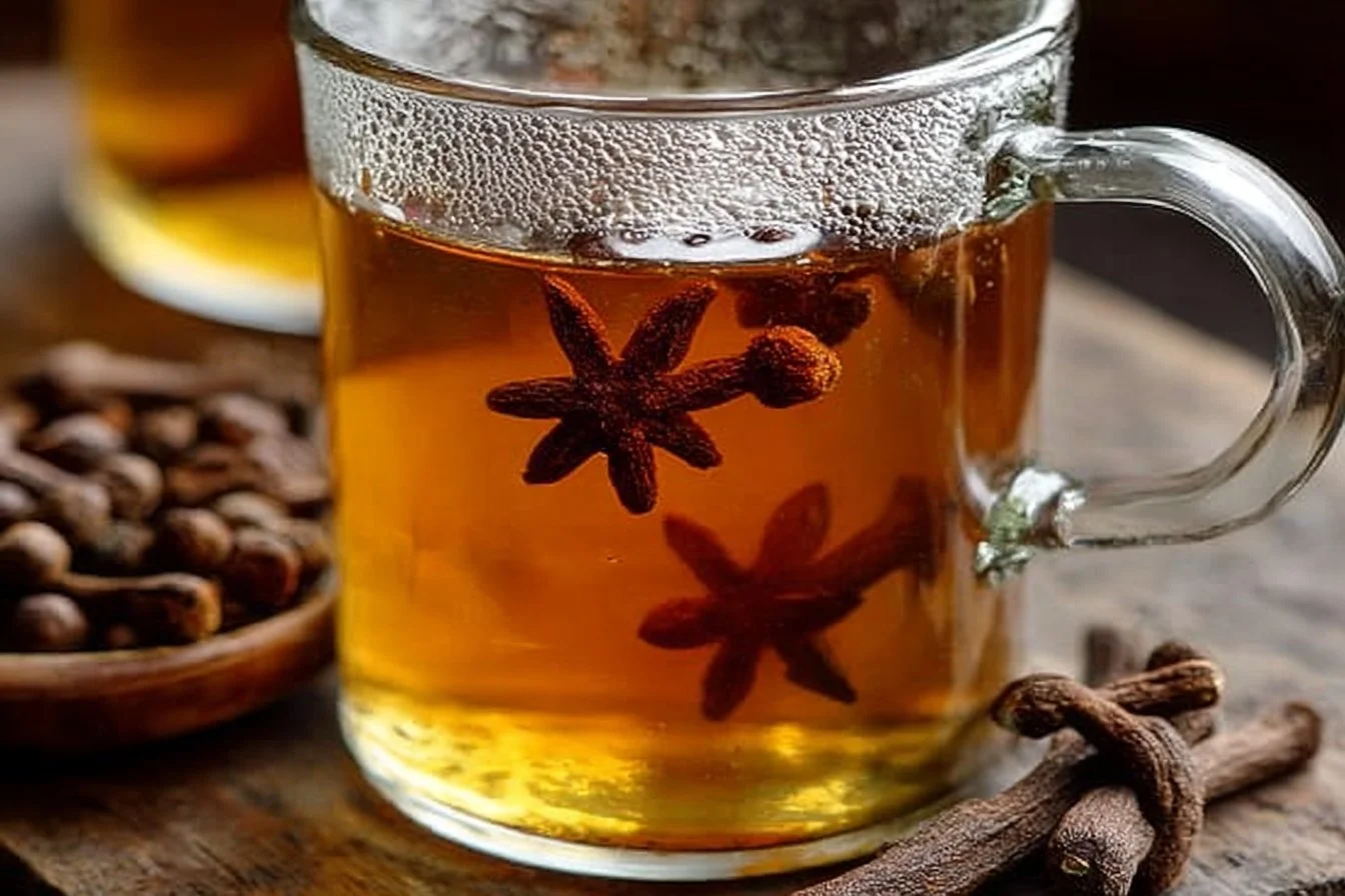 A cup of aromatic clove tea with cloves and spices on a rustic wood background.