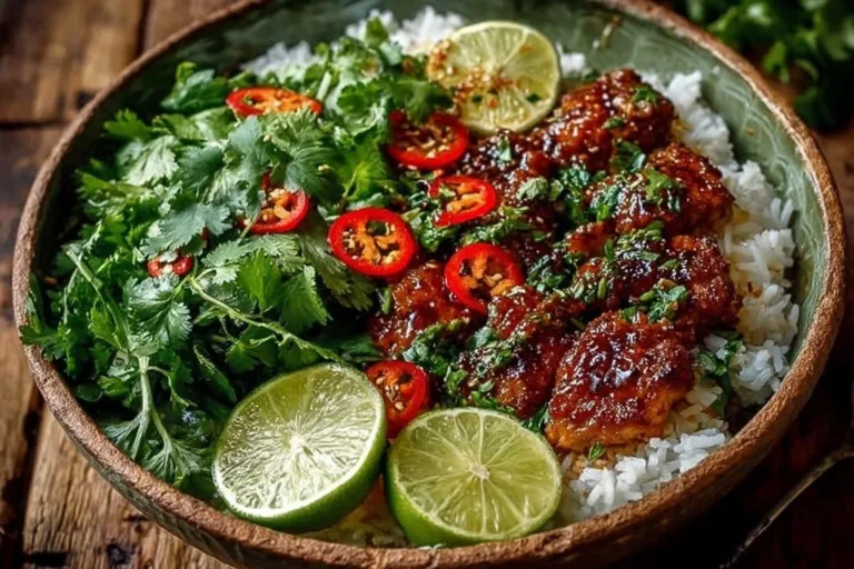 Delicious Coconut Chicken Rice Bowl topped with fresh herbs and vegetables