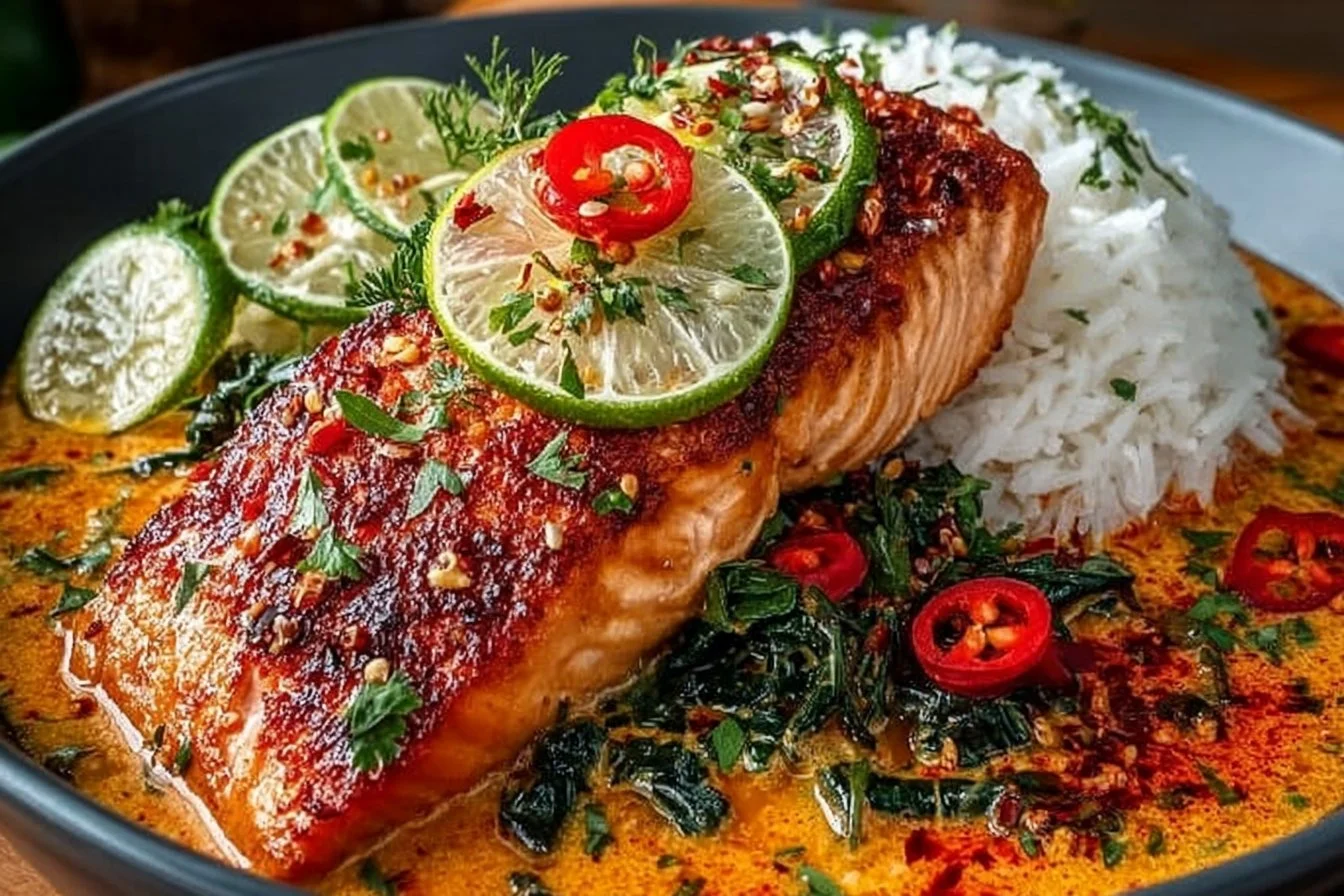 Coconut Red Curry Salmon served with herbs and vegetables