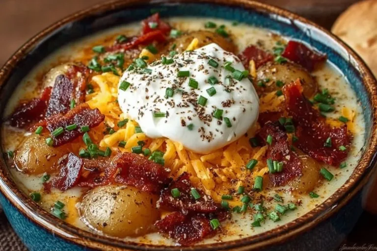 Bowl of comforting loaded baked potato soup topped with cheese and chives