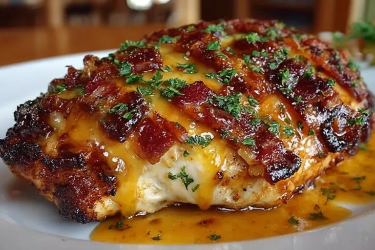 Delicious Cowboy BBQ Bacon Cheddar Chicken with melted cheese and crispy bacon