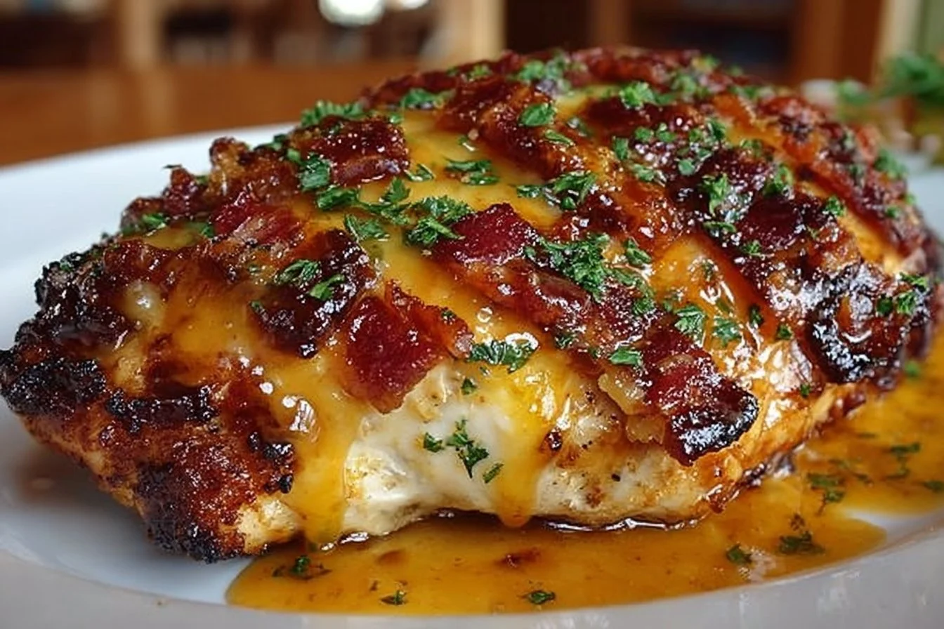 Delicious Cowboy BBQ Bacon Cheddar Chicken with melted cheese and crispy bacon