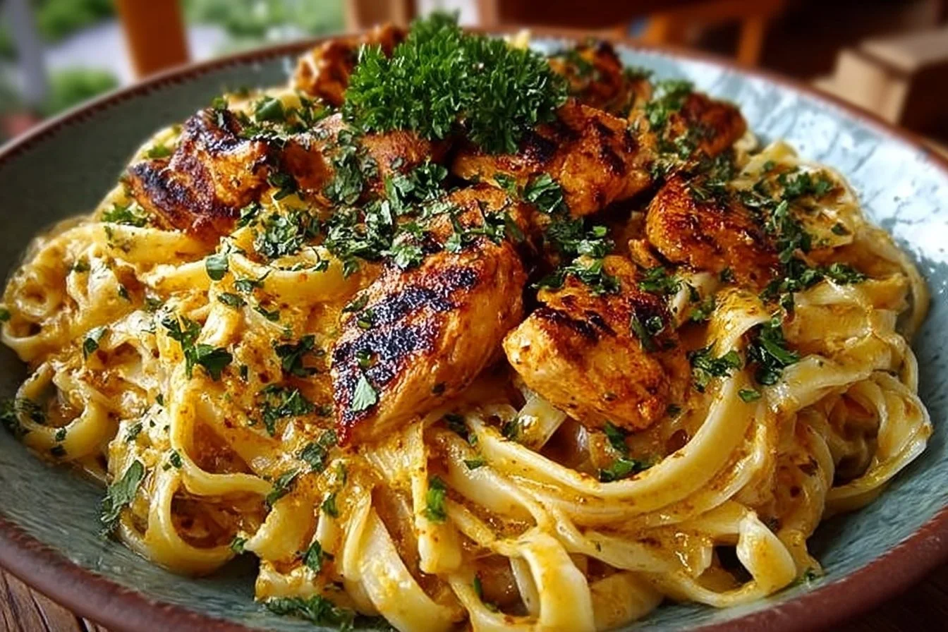 Delicious Cowboy Butter Chicken Linguine topped with fresh herbs and spices.