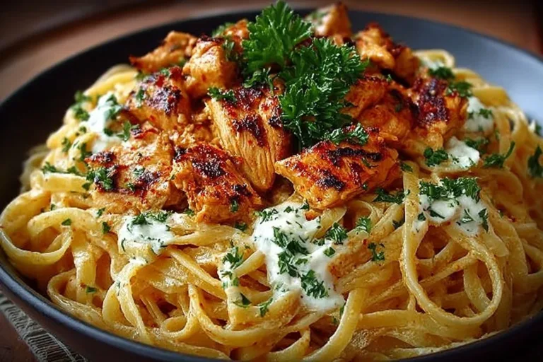 Plate of Cowboy Butter Chicken Linguine garnished with herbs and spices