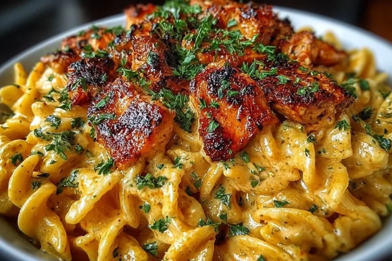 Bowl of Cowboy Butter Chicken Pasta topped with herbs and spices