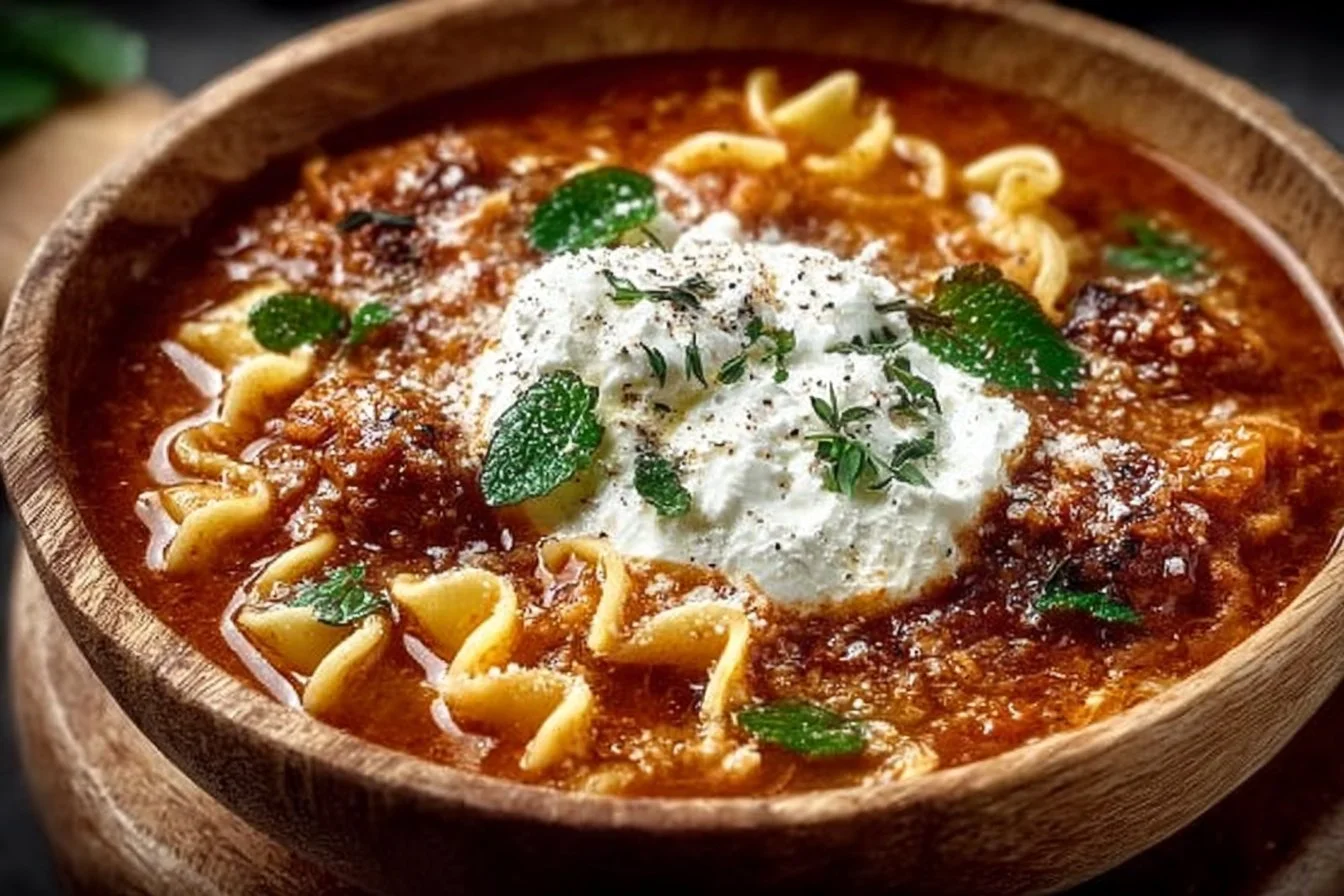 One-Pot Lasagna Soup with Ricotta Cheese ready to serve in a bowl