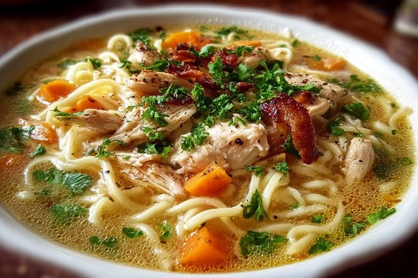 Bowl of creamy Crack Chicken Noodle Soup with herbs and vegetables