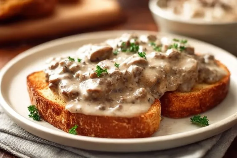 Delicious creamed hamburger gravy served over mashed potatoes