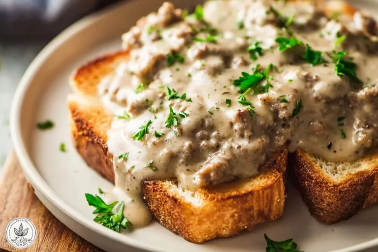 Bowl of creamed hamburger gravy served over mashed potatoes
