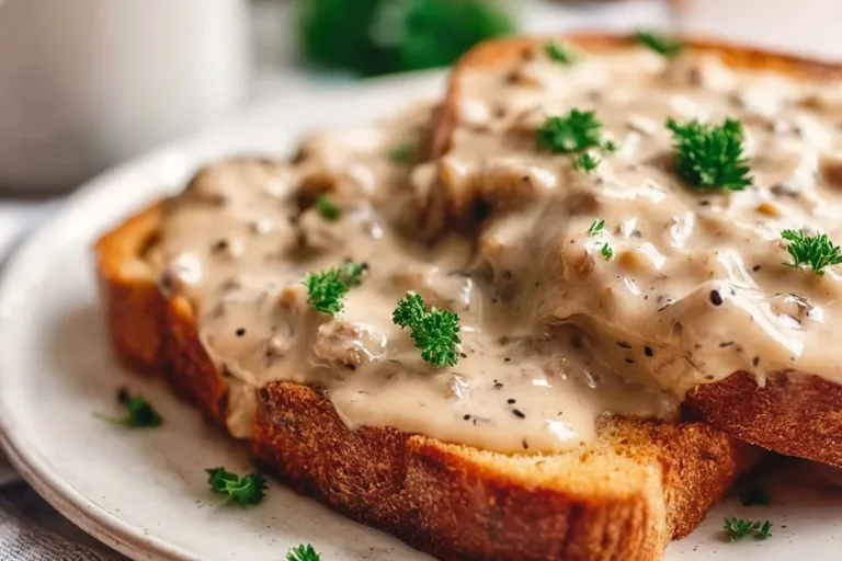 Bowl of creamed hamburger gravy served over biscuits