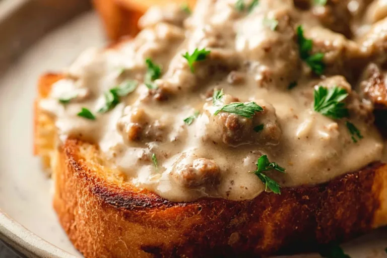 Delicious creamed hamburger gravy served over mashed potatoes