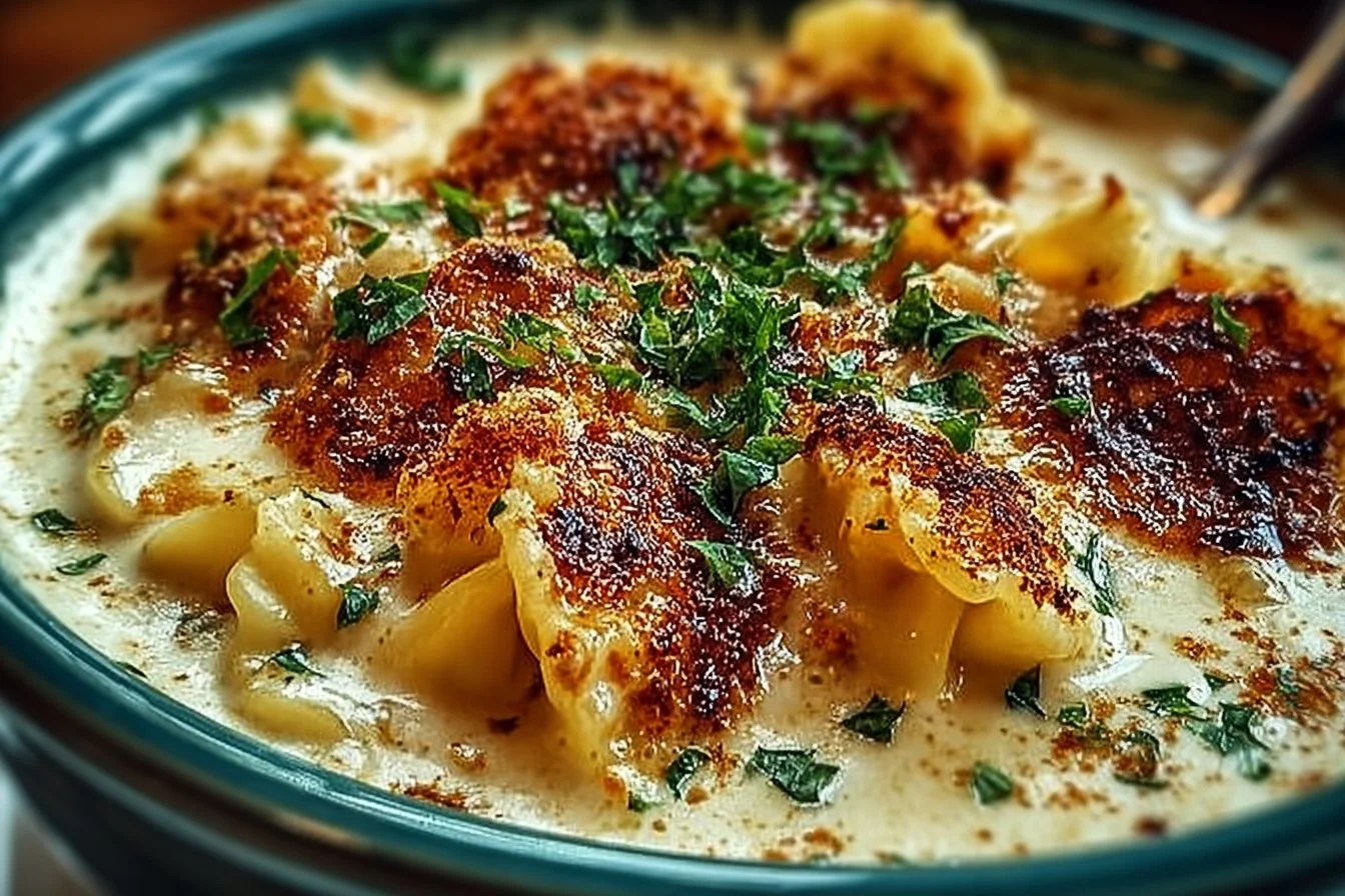 Bowl of creamy Alfredo Lasagna Soup topped with cheese and herbs.