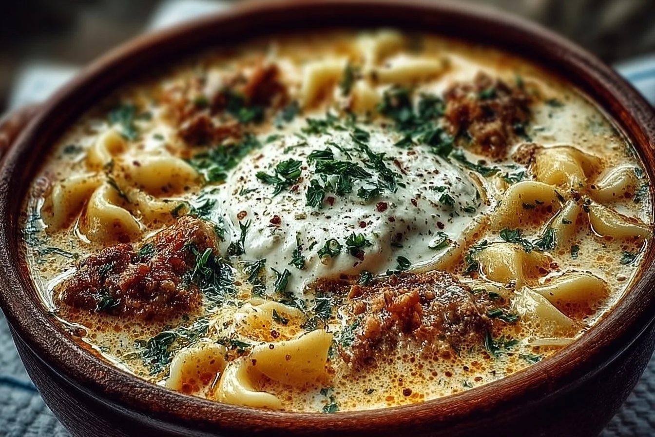 Bowl of creamy Alfredo lasagna soup garnished with herbs and cheese