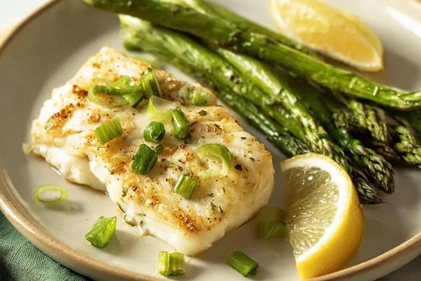 Creamy baked halibut served with fresh vegetables on a plate