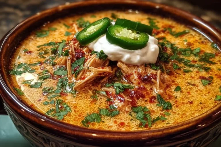 Bowl of creamy Chicken Enchilada Soup topped with cheese and cilantro