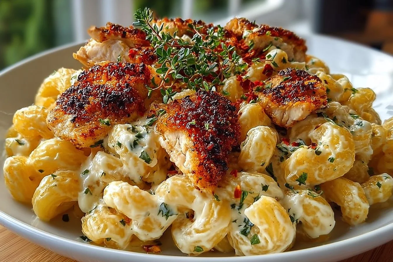 Delicious creamy chicken mac and cheese served in a bowl