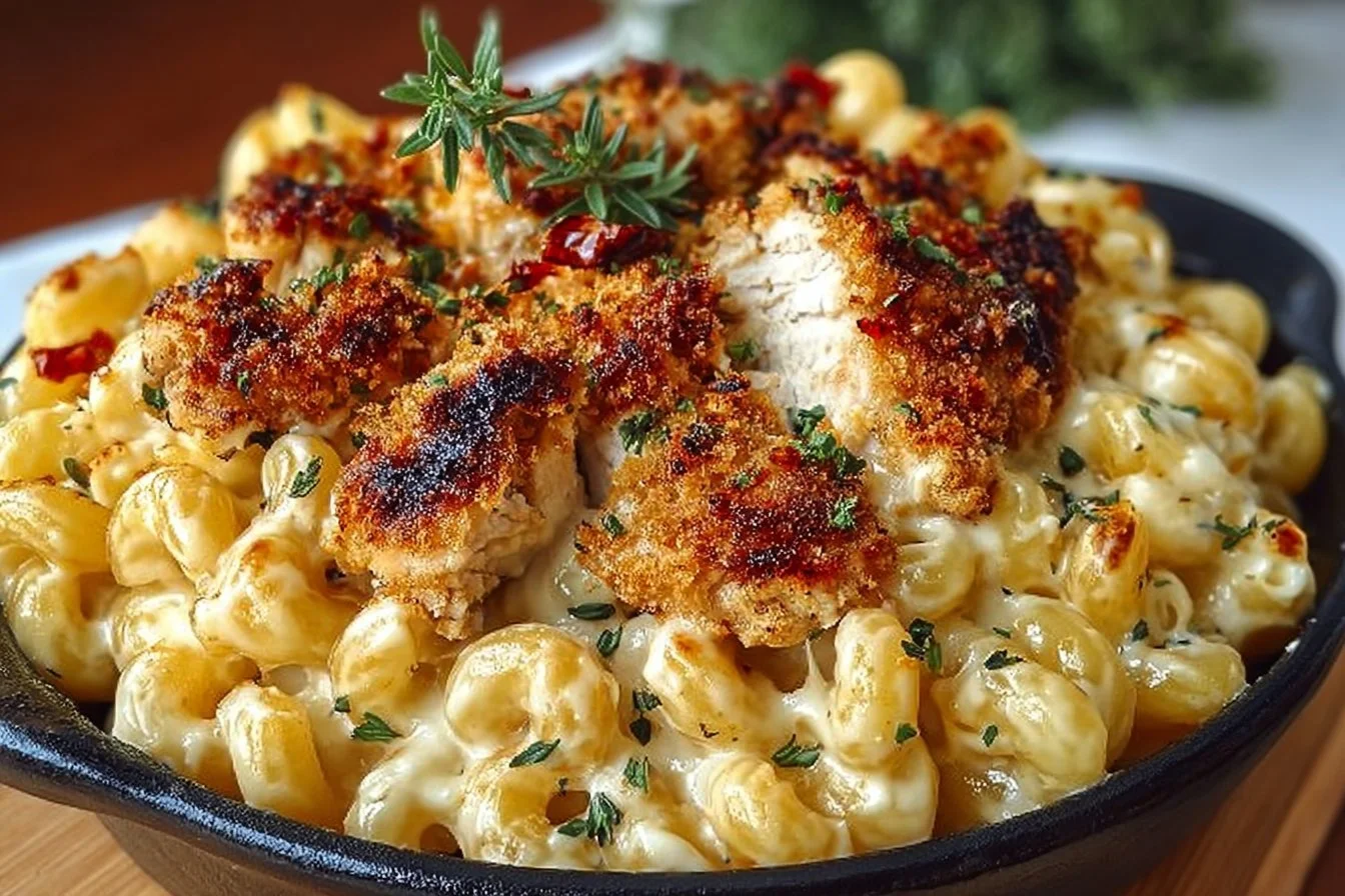 Bowl of creamy Chicken Mac and Cheese topped with herbs and cheese