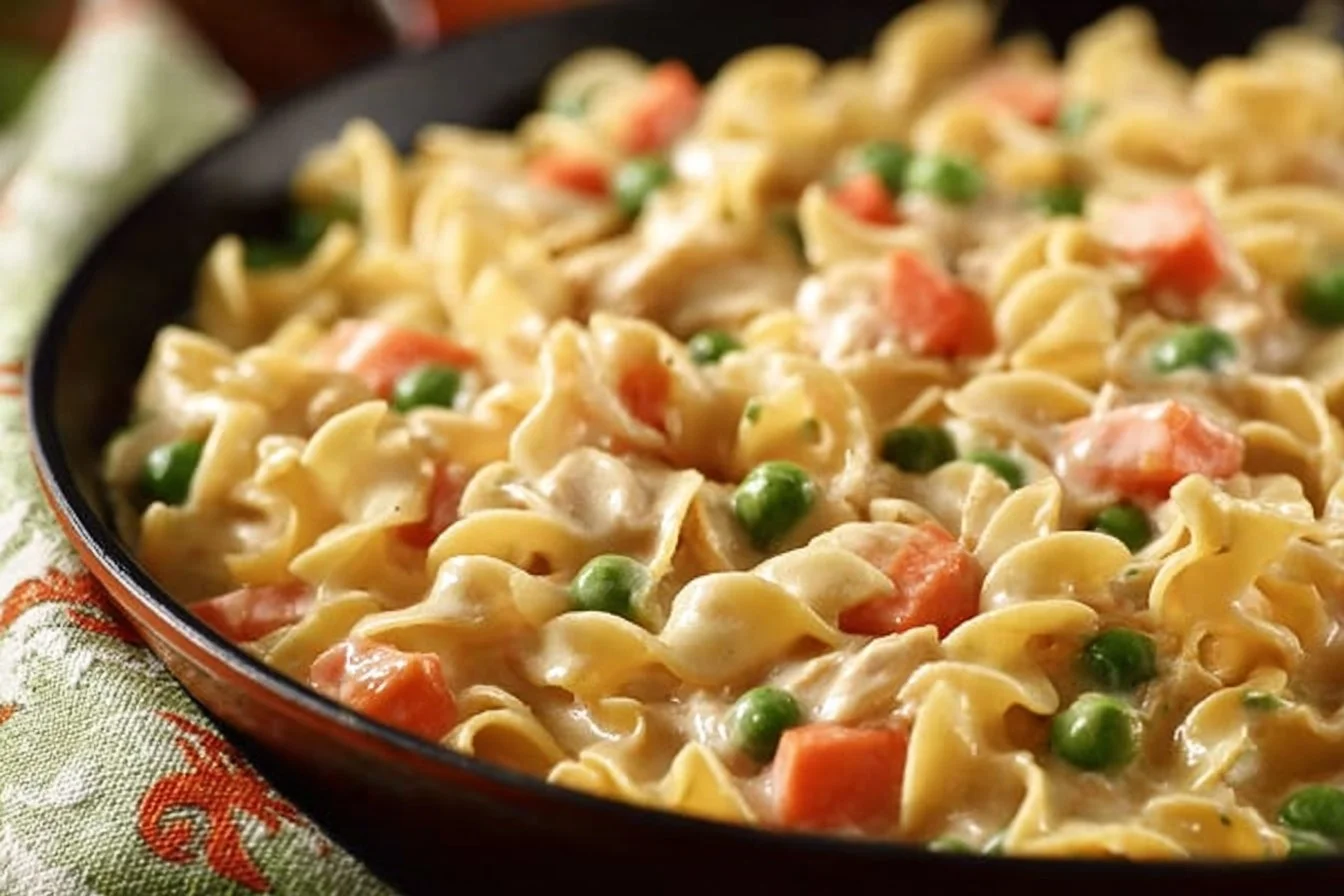 Creamy chicken pot pie noodles topped with fresh herbs and golden crust