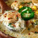 Bowl of creamy crockpot white chicken chili with toppings