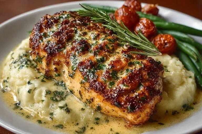 Creamy Garlic Parmesan Chicken breast served with herbs and spices.