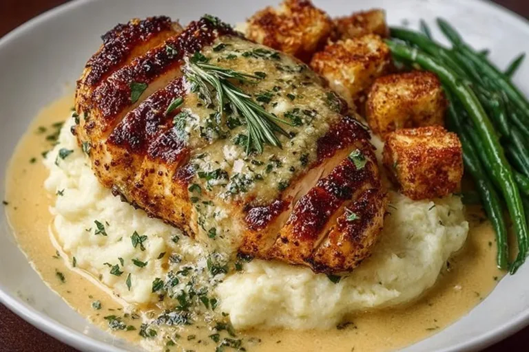 Creamy garlic parmesan chicken breast served with herbs and veggies