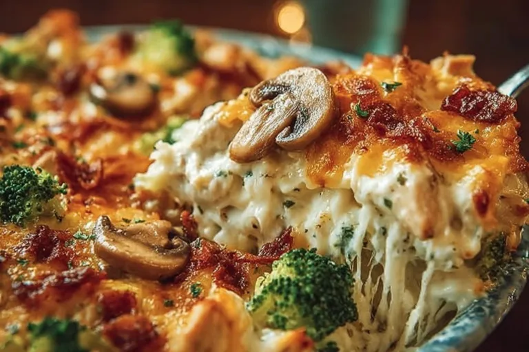 Creamy low carb chicken casserole served in a baking dish