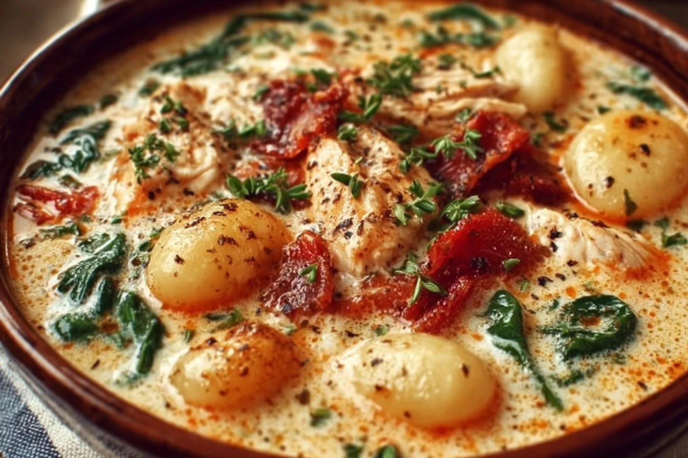 Bowl of creamy Marry Me Chicken gnocchi soup, garnished with herbs.