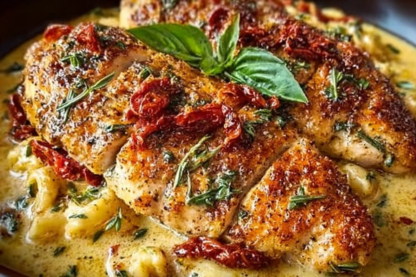 Creamy Parmesan chicken with sun-dried tomatoes served on a plate