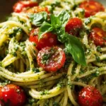 Bowl of creamy pesto pasta garnished with fresh basil and pine nuts