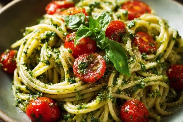 Bowl of creamy pesto pasta garnished with fresh basil and pine nuts
