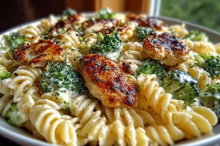 Creamy rotisserie chicken broccoli pasta in a bowl