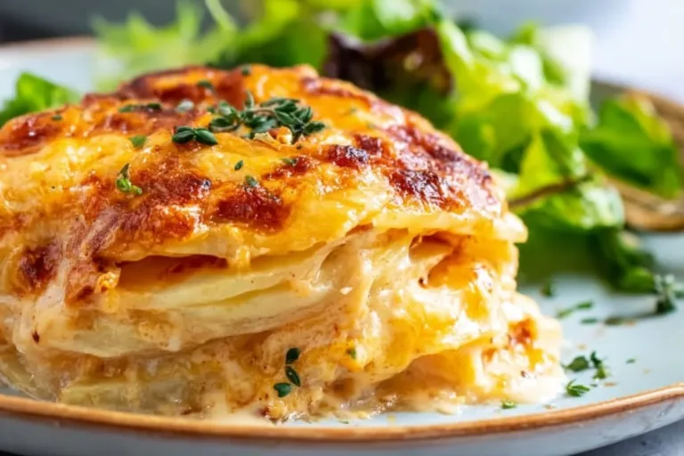 Creamy scalloped potatoes dish topped with cheese and herbs